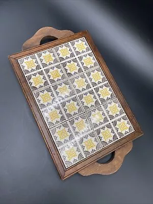 Tray Mexican Tile Carved Wood Serving Vintage Ceramic Yellow Brown Handles Vtg • $34