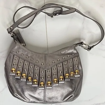 B. Makowsky Pewter Silver Metallic Leather Gold Studded Fringe Shoulder Bag • $37.99