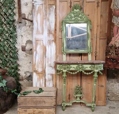 Antique French Console Mirror Green Louis XVI  Style With Marble Top • £925