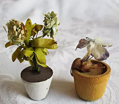 Vintage Miniature Dollhouse / Putz Fabric Flowers In Wood Pots Lot Of 2 Japan • $11.99