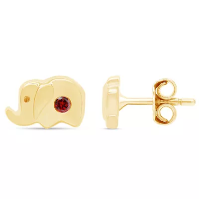 Elephant Stud Earrings Round Cut Simulated Garnet In 14K Gold Plated Silver • $49.67