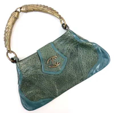 Just Cavalli Vintage Metal Wing Handle Shoulder Bag Green Ostrich Leather Italy • $150