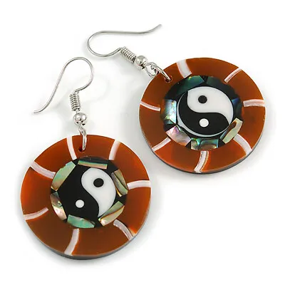 Yin Yang Motif Round Shell Drop Earrings In Rusty Orange/ 45mm Tall • £6.60