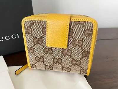 Gucci 346056 GG Dollar Leather/Canvas Yellow/Beige Zip Around Pouch Wallet • $329