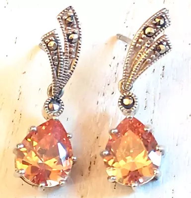 Beautiful Art Deco Sterling Silver Orange Imperial Topaz & Marcasite Earrings • $26