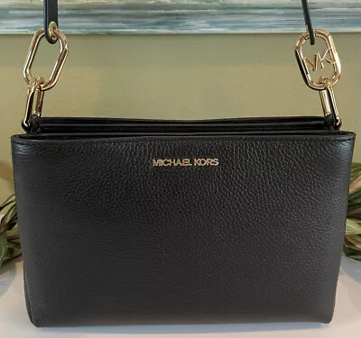 Michael Kors Trisha Small Triple Compartment Crossbody Bag Mk Black Leather Gold • $97.99