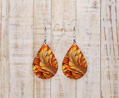 Golden Wings Wood Tear Drop Dangle Printed Earrings Jewelry • $14.98