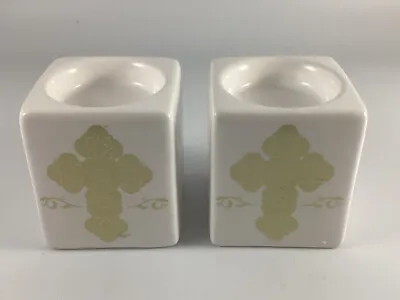 Pair Of Ceramic Gold Crosses Tea Light Votive Candle Holders Religious Pre-Owned • $7.50