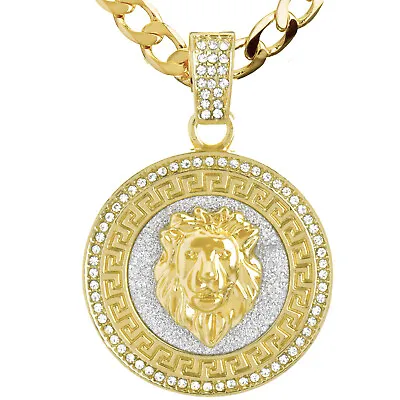 Large Iced Lion Head Pendant Medallion 26 Inch Cuban Chain Necklace CH 5078 G • $16.99