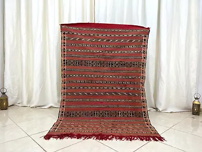 Vintage Handmade Moroccan Rug 3'7  X 5'3  Berber Flat Woven Kilim Carpet • $299.50