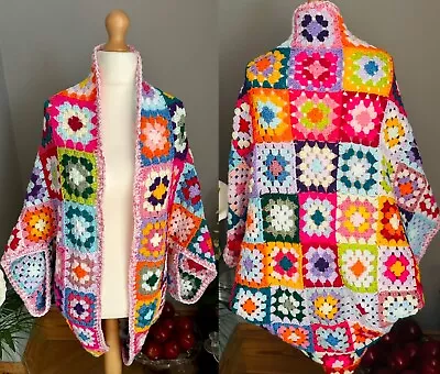 New Handmade Crochet Rainbow Granny Squares Cocoon Cardigan Shrug Totally Unique • £119.99