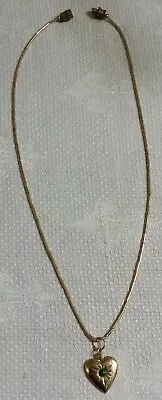 Goldtone Metal Tube Bead Chain Green Crystal Inset Heart Pendant 14.5  Necklace  • $7