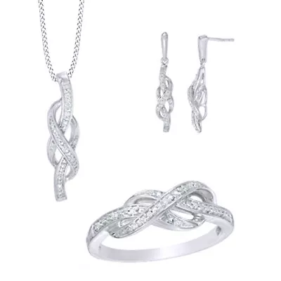 1/6 Ct White Diamond 14K White Gold Plated Infinity Pendant Earrings & Ring Set • $223.85