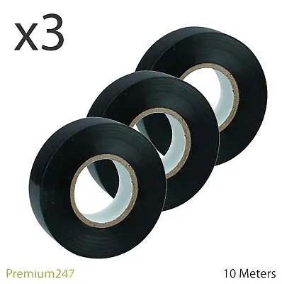 3 X 10m Electrical Tape Black PVC High Quality Long Insulating Electrical Cables • £2.69