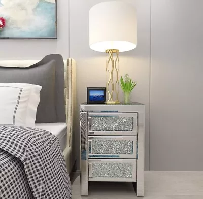 Luxury Mirrored Crushed Diamond Bedside Table Cabinet 3 Draws Bedroom Cabinet • £89.99