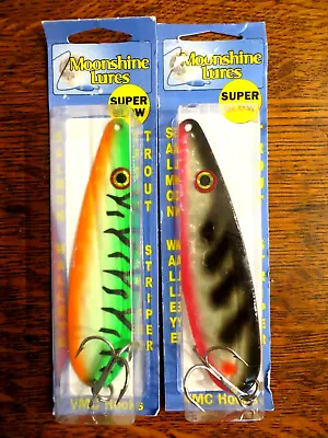 LOT OF 2 MOONSHINE LURES 5  MAGNUM SUPER GLOW SPOON - SALMON - TROUT - Lot 4 • $17.99