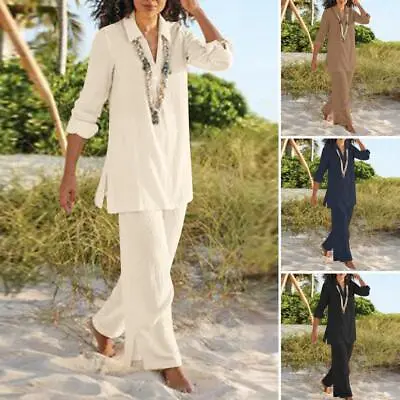 Women's Cotton Linen Suit Shirt Loose Pants Set Long Sleeve Casual Sets Summer • £26.21