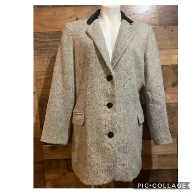 Black White Donegal Tweed Wool Blazer Jacket Velvet Collar Button Up Triona 14 • $48