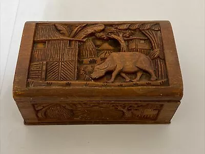 Vintage Jewelry Trinket Box Hand Carved Wood 7”x4”x3” Jungle Oxen Scene • $14.99