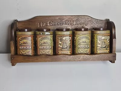 Vintage Tin Spice Containers On Wood Spice Rack • $20