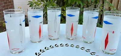 Vintage MCM Highball Glasses Frosted With Red Blue White Diamonds 1970 SET OF 6. • $32