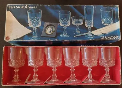 Vintage CRISTAL D'ARQUES Boxed Set  6 Diamond Wine Glasses 12cl  LEAD CRYSTAL • £9.99