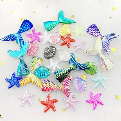 £3.99 • Buy 30 Pcs Kit Mermaid Tails Starfish Shells Irridecent Acrylic Resin Flatback DIY