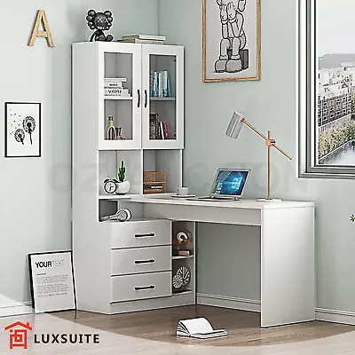 Computer Desk Bookcase Office Study Writing Laptop Table Shelving White • $259.95