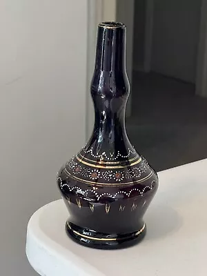 Antique Bohemian Deep Plum Glass Barber Bottle Handpainted Floral 7.5” • $55