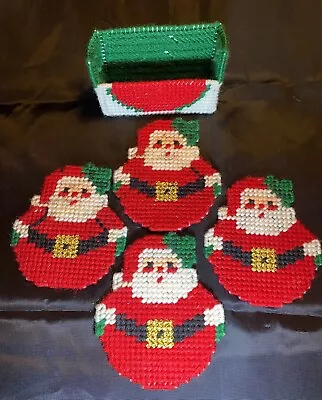 Vintage Christmas Cross-stitch 4 SANTA Drink Coasters W/Holder Handmade 1970’s • $5.96