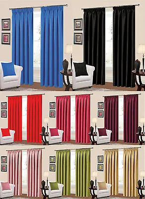 Plain Thermal Blackout Curtains Ready Made Pencil Pleat Black Red Pink Plum Blue • £13.40