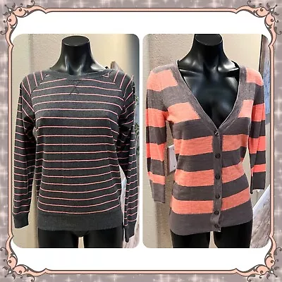 SET OF 2 Coral & Gray Striped Sweater Tops Long Sleeves Peach Button-Up Cardigan • $13.98