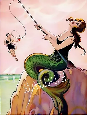 VINTAGE FRENCH ART DECO MERMAID FISHING CATCHES MAN *CANVAS* ART PRINT - 2 Sizes • $29.60