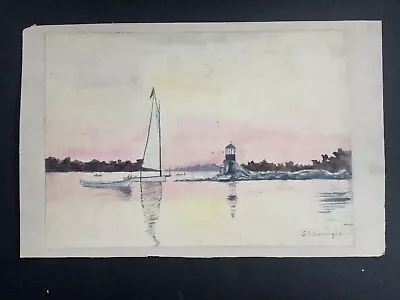 Boats And Lighthouse Watercolor Signed Burroughs - Old Estate Collection • $49