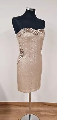 Beige Sequin Dress Size 12 Bandeau Gold Beaded Cotton Club Brand New Strapless  • £12.95