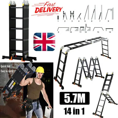 5.7M 14 In 1 Multi-function Aluminium Folding Telescopic Step Ladder Extendable • £139.97