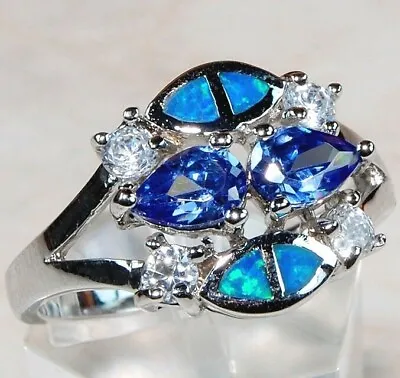 Blue Sapphire & Australian Opal Inlay 925 Sterling Silver Ring Jewelry Sz 6 RO2 • $29.99