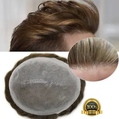 Mens Toupee Thin Skin Invisible PU 0.06mm Full Poly Human Hair Piece For Men Wig • $159