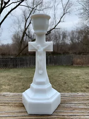 Vintage Jesus Crucifix Cross Candle Sticks Westmoreland Milk Glass 9.5  • $18.50