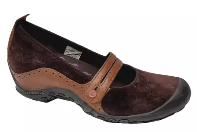 Merrell Plaza Bandeau Womens 8 Strap Mary Jane Wedge Brown Leather Suede Shoes • $39.99