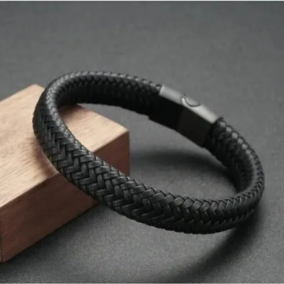 Black Bracelet Men's Braided Leather Bangle Stainless Steel Cuff Wristband • $7.99