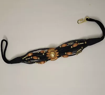 80s Vtg Belt Womens Gold Medallion Wood Buckle Beaded Black Stretch Cord 29-33  • $13