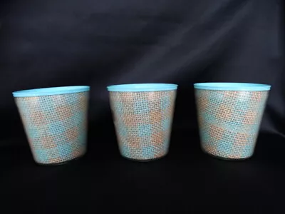 3 Retro Patio Blue Clear Plastic Melmac Double Walled Checked Burlap Tumblers  • $17