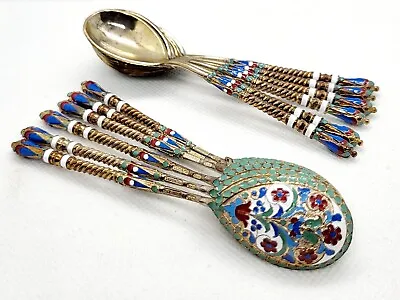 Set Of 12 Antique Russian 84 Silver Enamel Spoons 168 Grams • $849.99