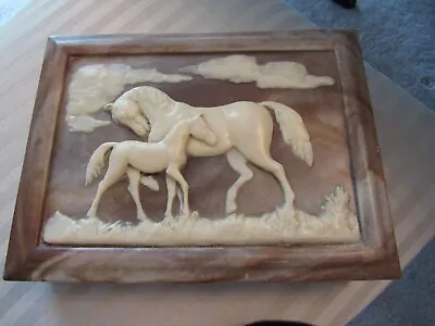 Dante American Walnut Carved Incolay Top Mare &Colt Jewelry Trinket Dresser Box  • $20