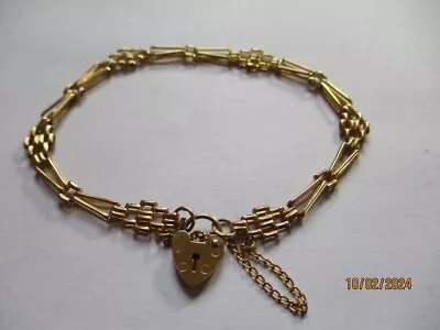 Vintage 9ct Gold Fancy Gate Bracelet Heart Padlock C 1980's 7 1/2  (ASJ) • £149