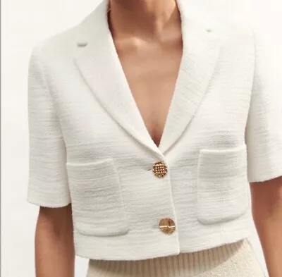 Zara NEW Cream Cotton Short Cropped Boucle Blazer Jacket Size S Gold Buttons • $50