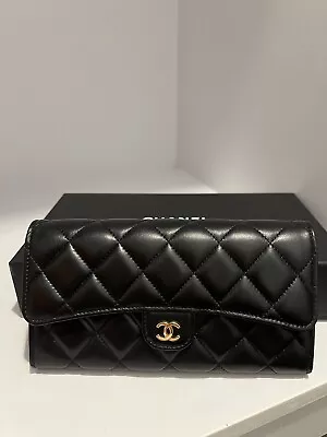 Chanel Lambskin Quilted Classic Long Wallet Black + Dustbag And Box (Preowned) • $1402