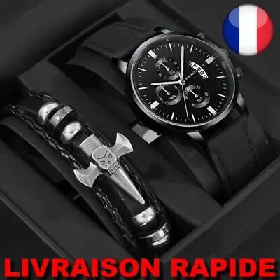 ✅ Quartz Watch + Skull Cross Leather Bracelet Stainless Steel Men Jewelry • $16.94