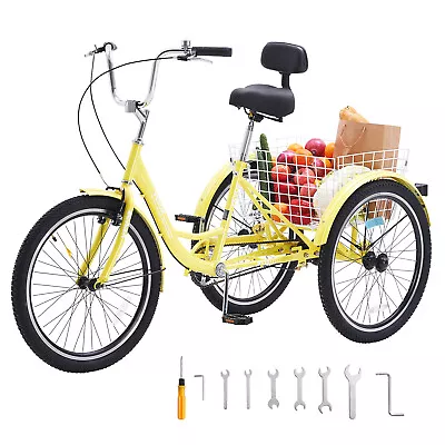 VEVOR 20  Adult Tricycles Bike 3 Wheel Bike Trike Bicycle Carbon Steel Yellow • $199.09